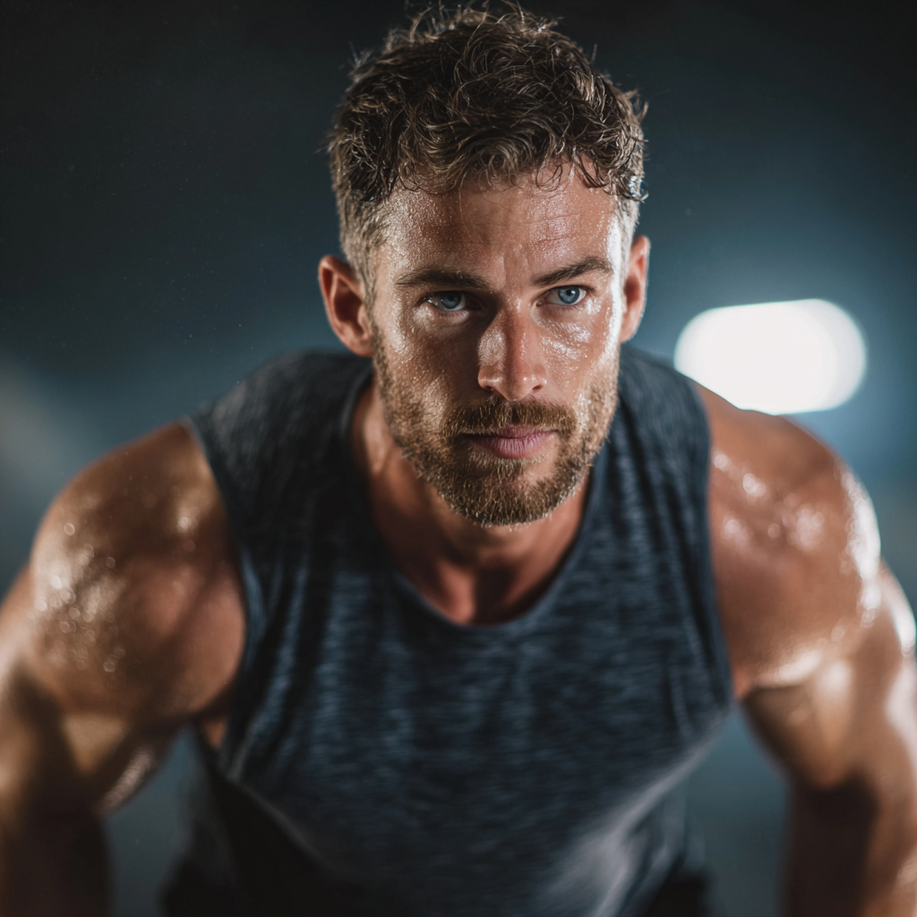Athletic man in workout gear demonstrating strength training exercise with focused determination
