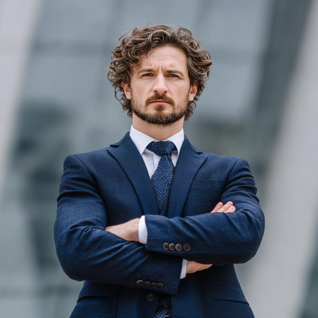 Confident successful man in business suit standing with arms crossed, representing masculine strength and achievement