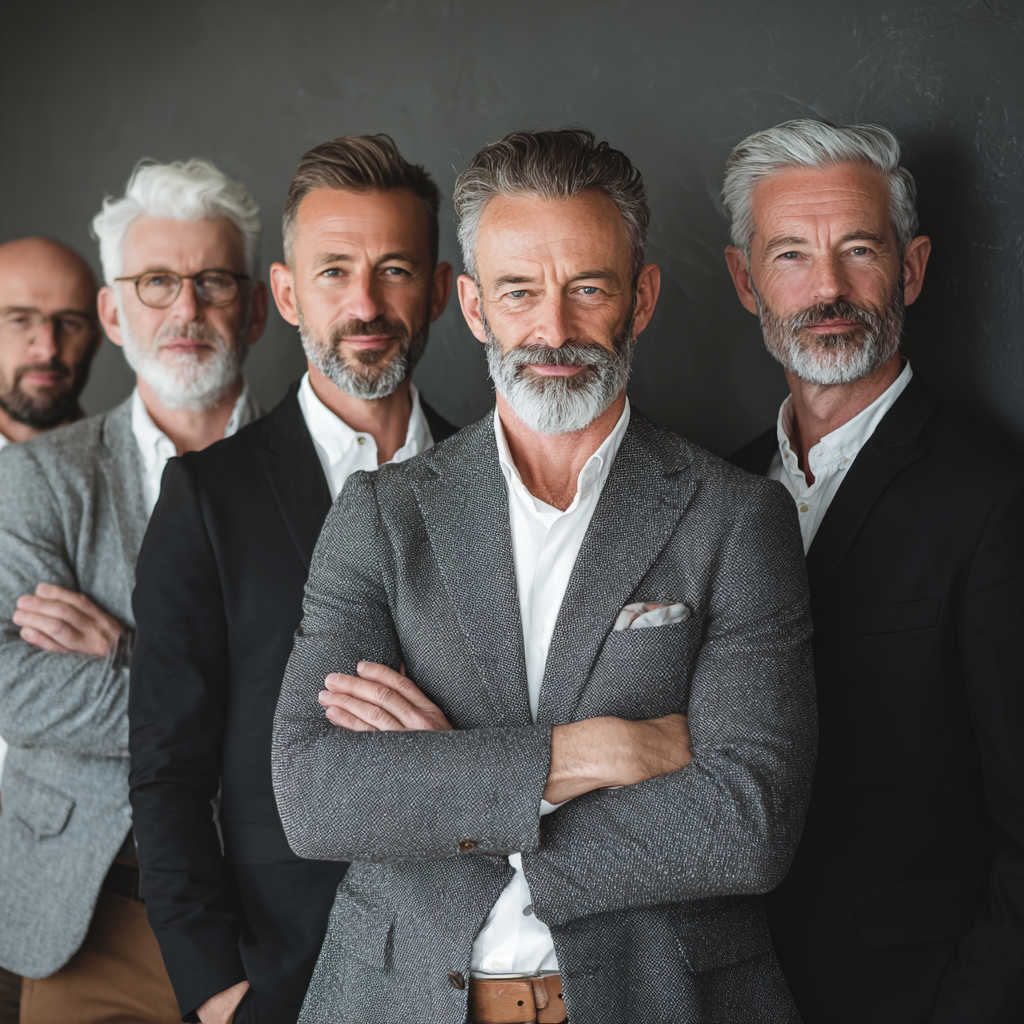 Group of confident men of different ages celebrating their personal achievements and transformation results